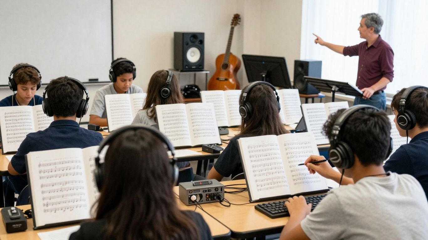 Music students listening closely to a generated track