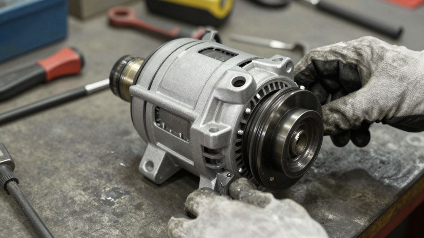 Used alternator close-up on workshop bench