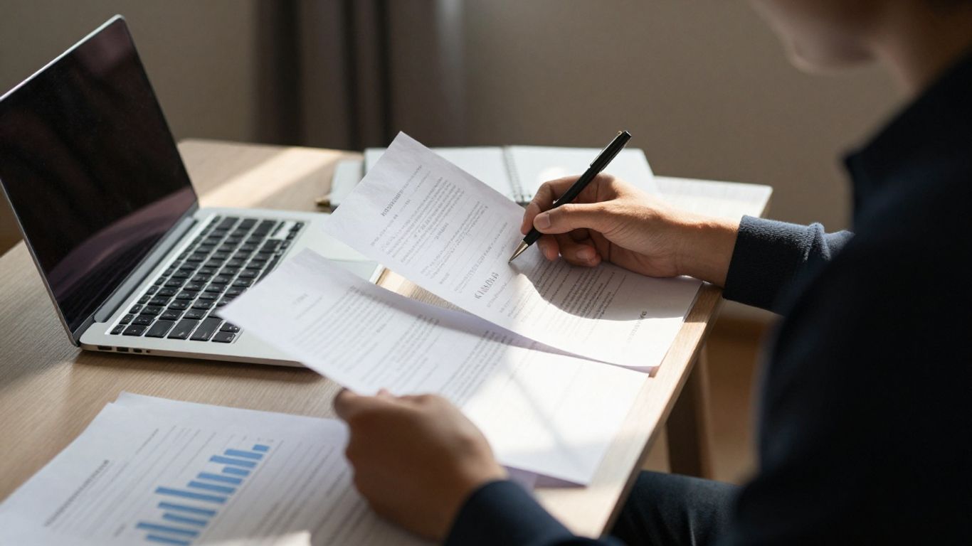 Persona tranquila manejando finanzas personales sin estrés.