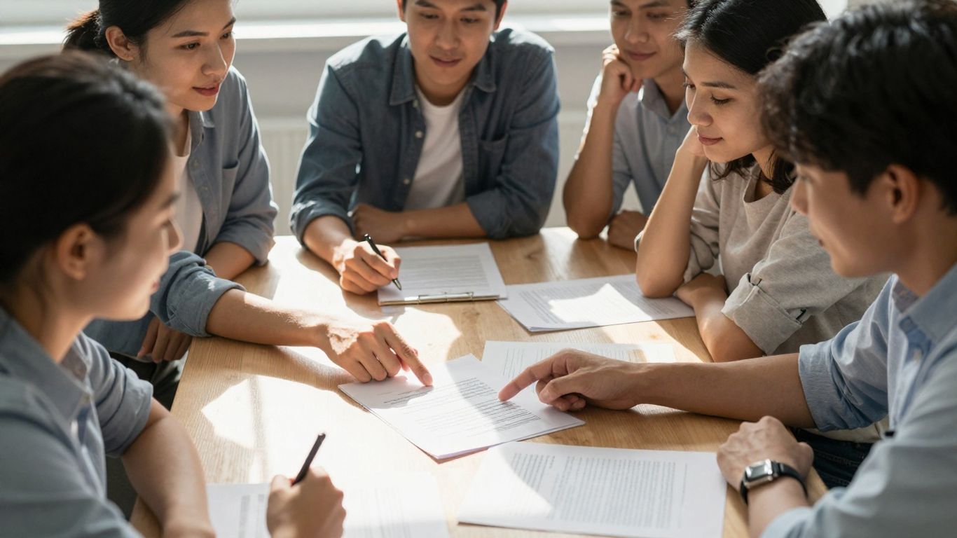People reviewing immigration documents with a lawyer.