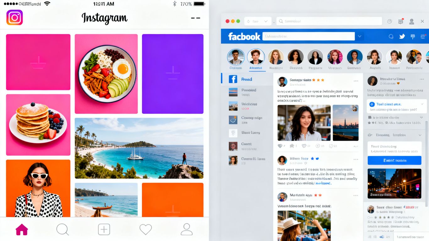 Instagram and Facebook interfaces side-by-side comparison.