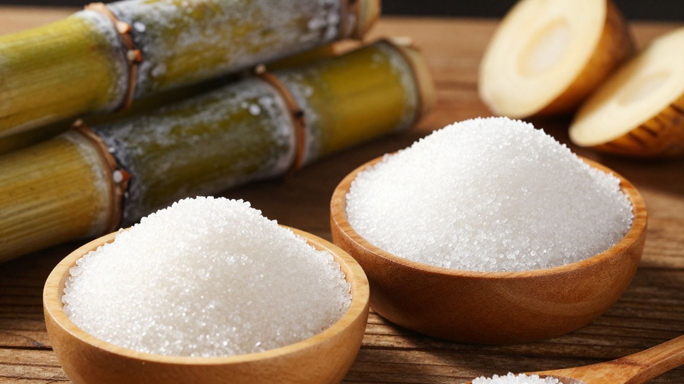 Palm sugar and cane sugar in wooden bowls side by side.