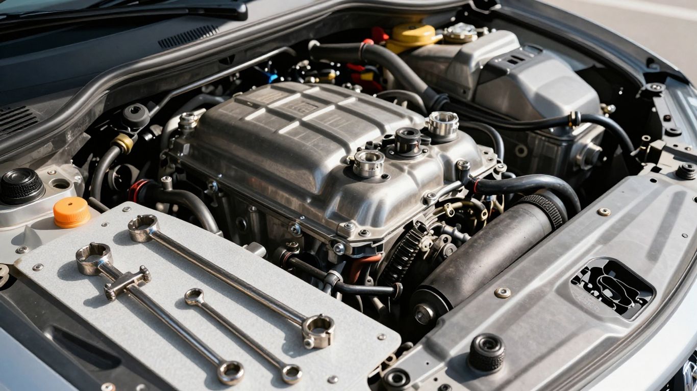 Auto-Wartung Werkzeuge und Motorraum im Detail
