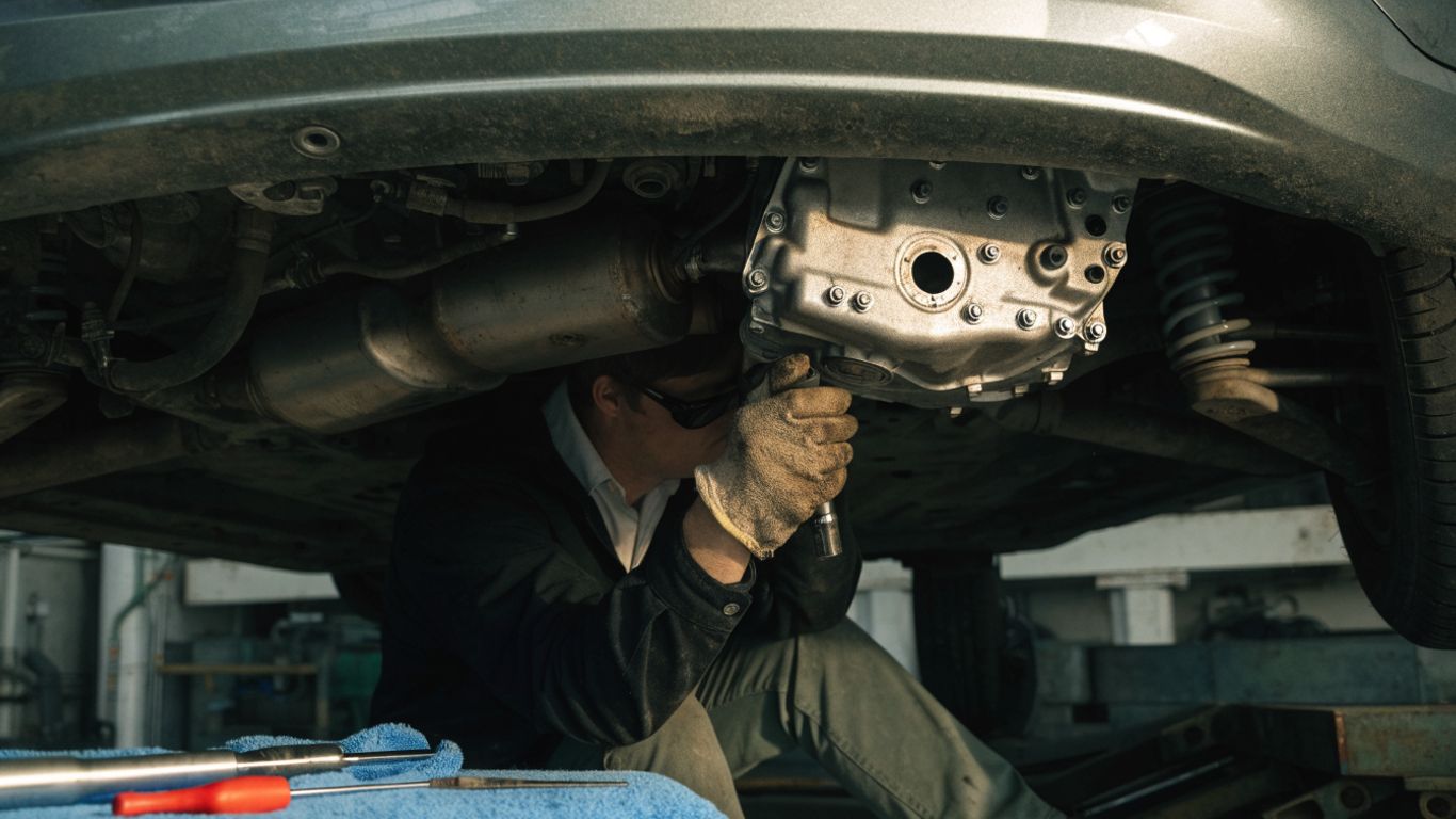 Technician checking a vehicle transmission fluid pan