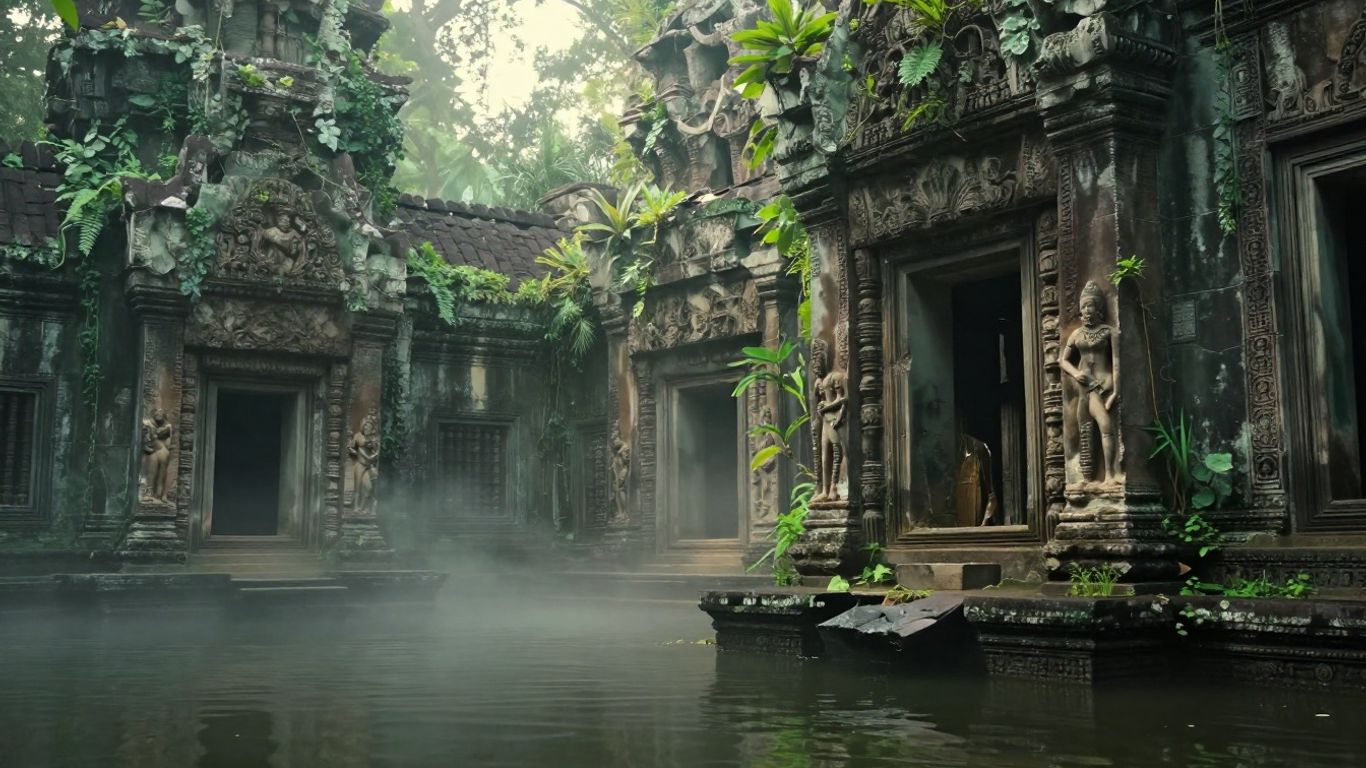 Ruínas antigas misteriosas submersas em água com luz etérea.