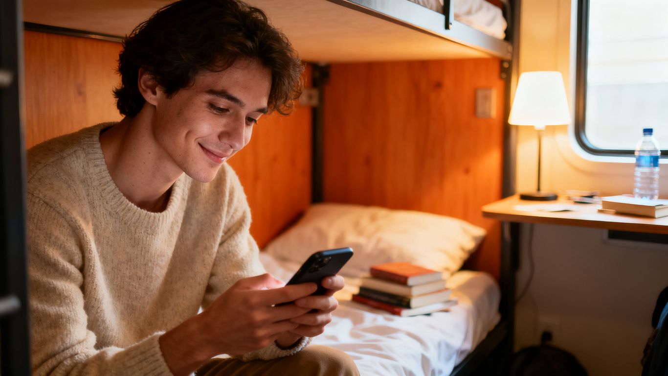 A resident looking at a phone screen