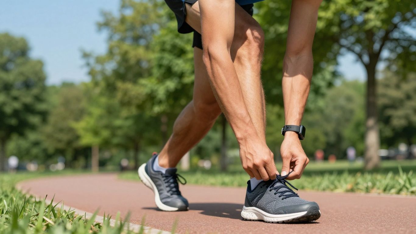 Beginner runner tying shoes on a park path.