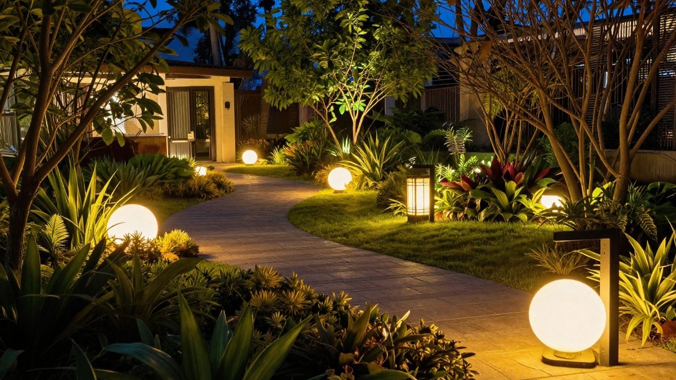 LED outdoor lights illuminating a garden at night.
