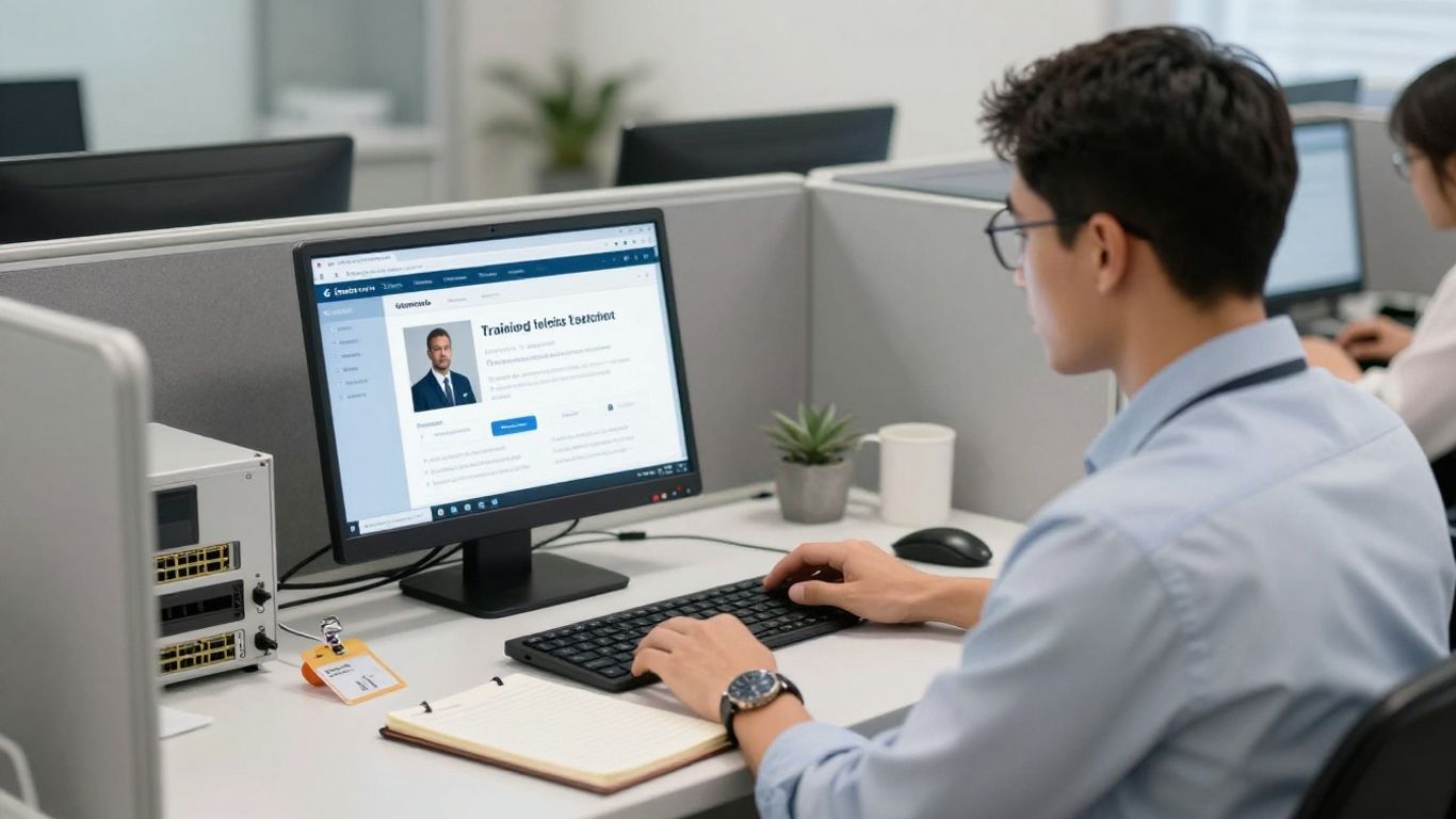 Technician reviewing security training portal