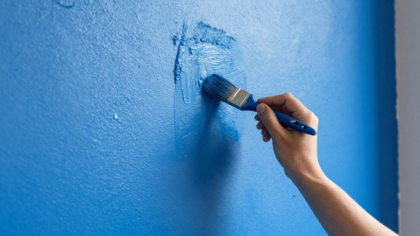 Painter applying blue paint to an interior wall.