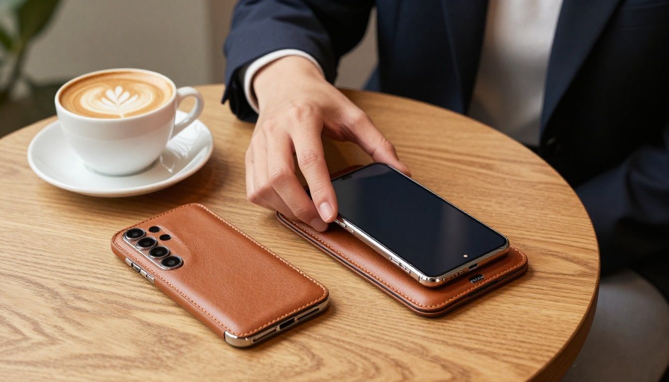 A person in a cafe in Melbourne placing their Samsung Galaxy S23 Ultra in a stylish leather case onto the table next to their coffee.