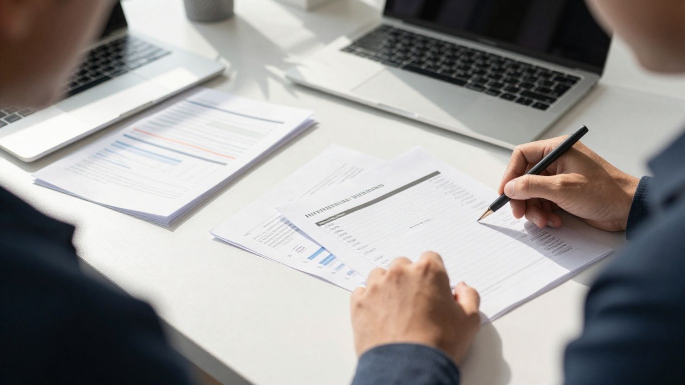 Persona revisando documentos financieros en un escritorio.