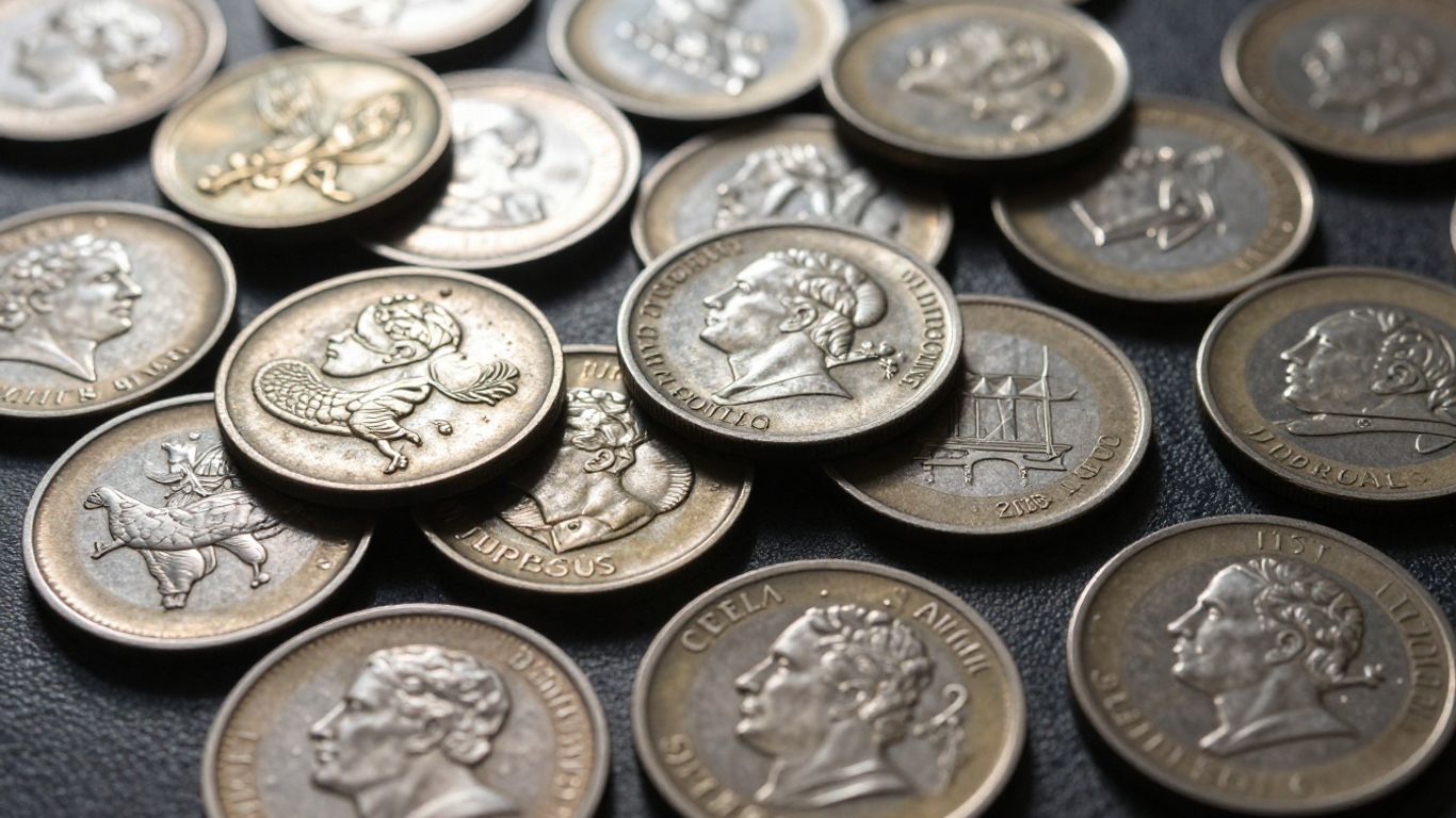 Exonumia coins displayed on a textured surface.