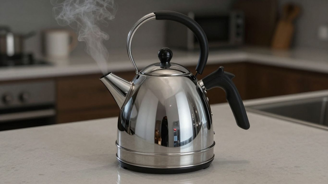 Stylish chrome Swan kettle on a kitchen counter.