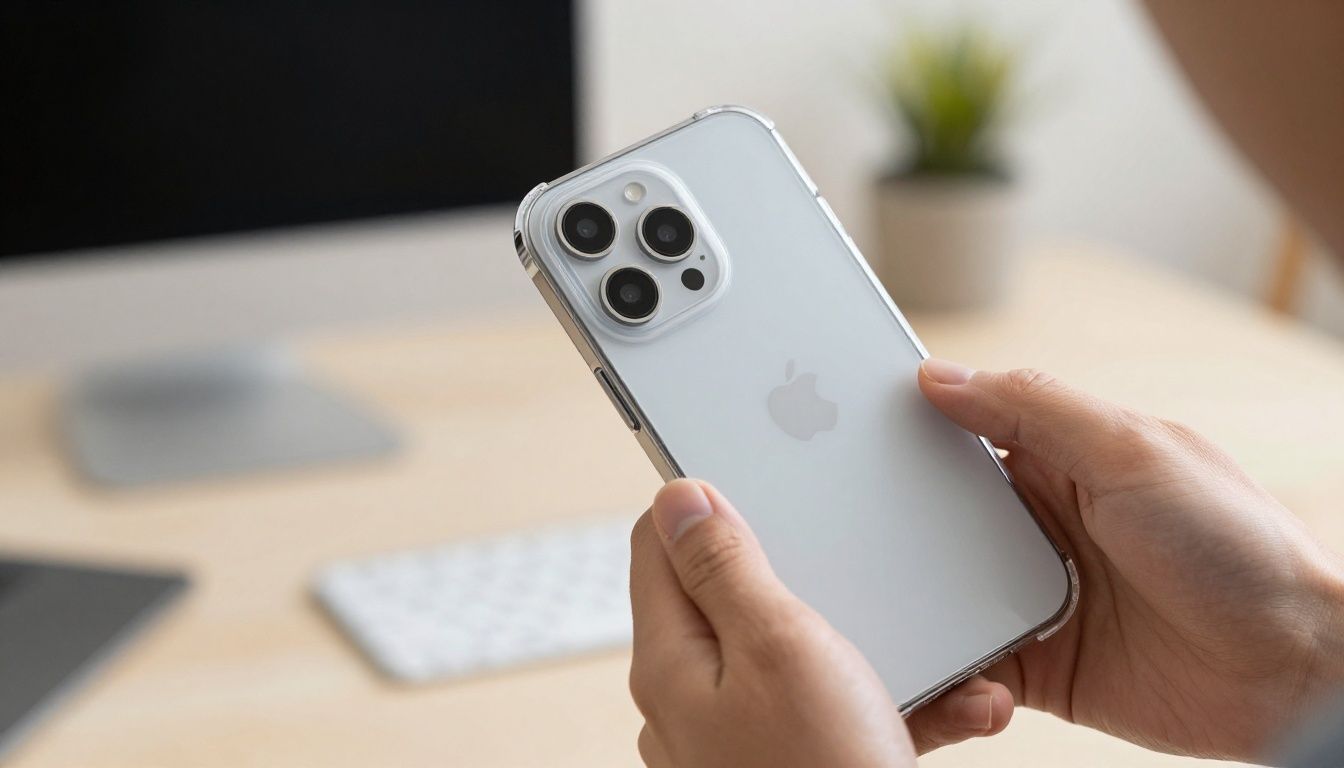A person carefully fitting a clear protective case onto their new iPhone 16 Pro, with a blurred background of a home office.