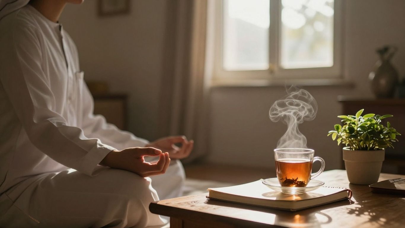 Femeie meditează lângă fereastră cu ceai și jurnal.