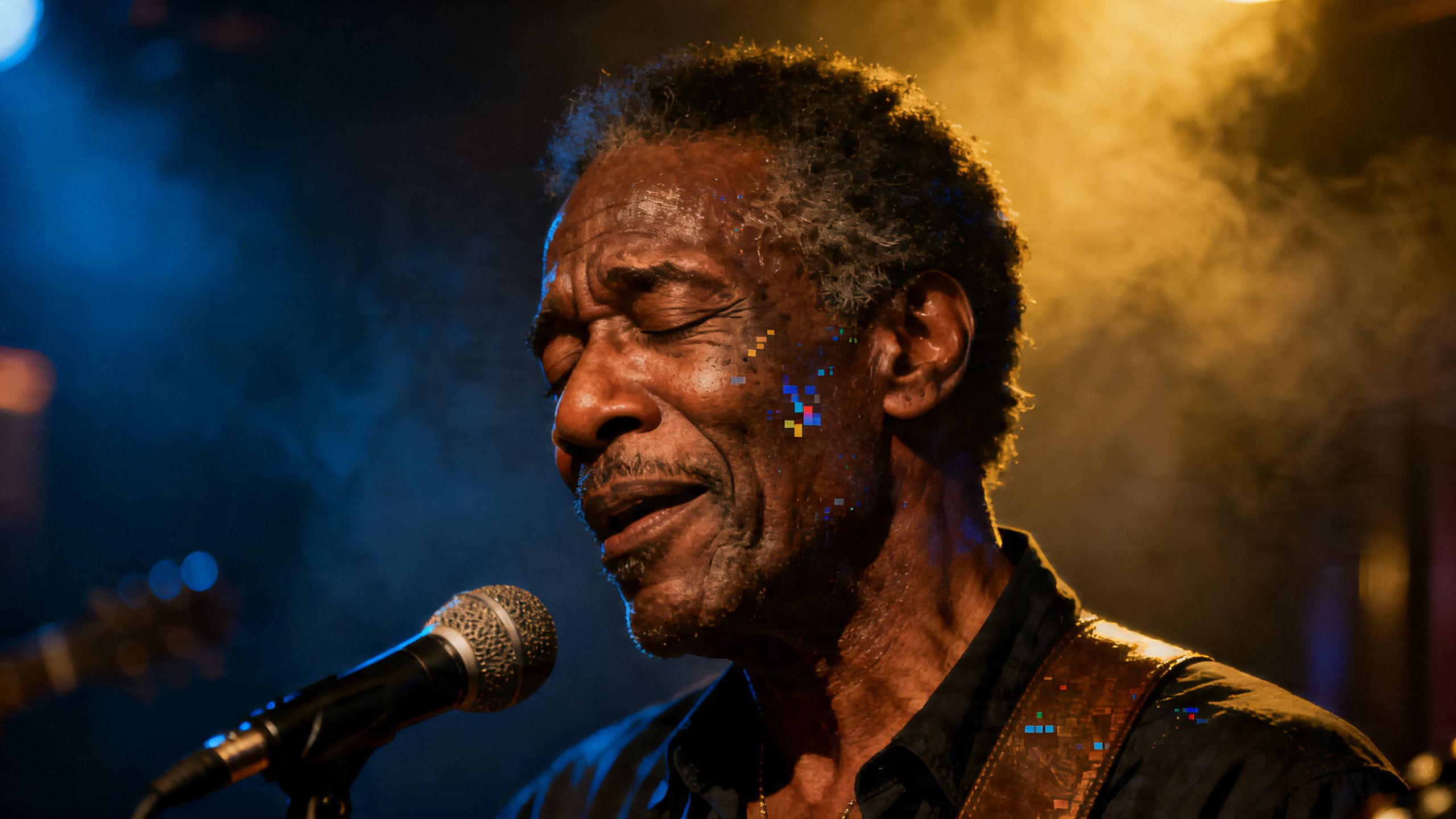 AI blues singer Eddie Dalton performing in a smoky, dimly lit venue.
