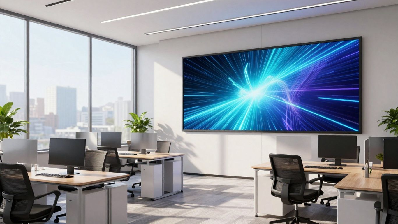 Birou modern cu ecrane digitale afișând modele vizuale.