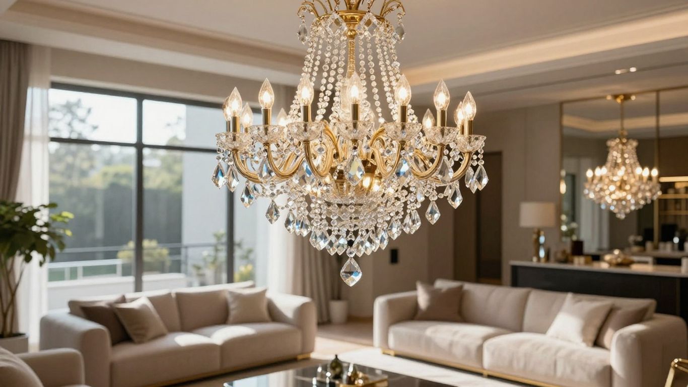 Crystal chandelier in a modern living room.
