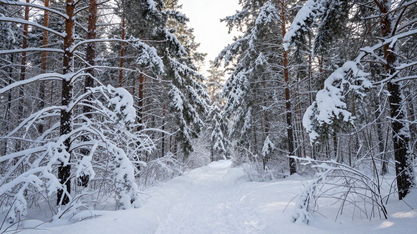 Snow-covered trees in a forest before spring.