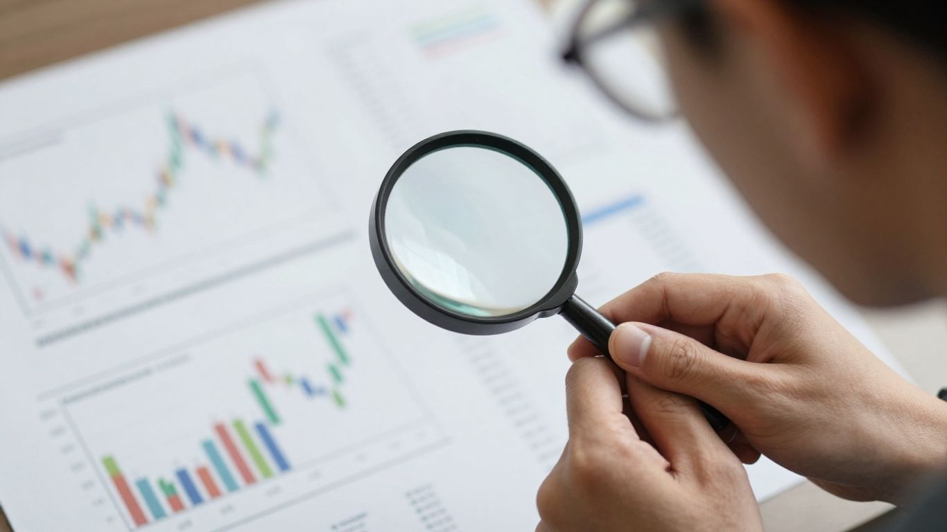 Persona examinando lupa sobre gráficos financieros borrosos.