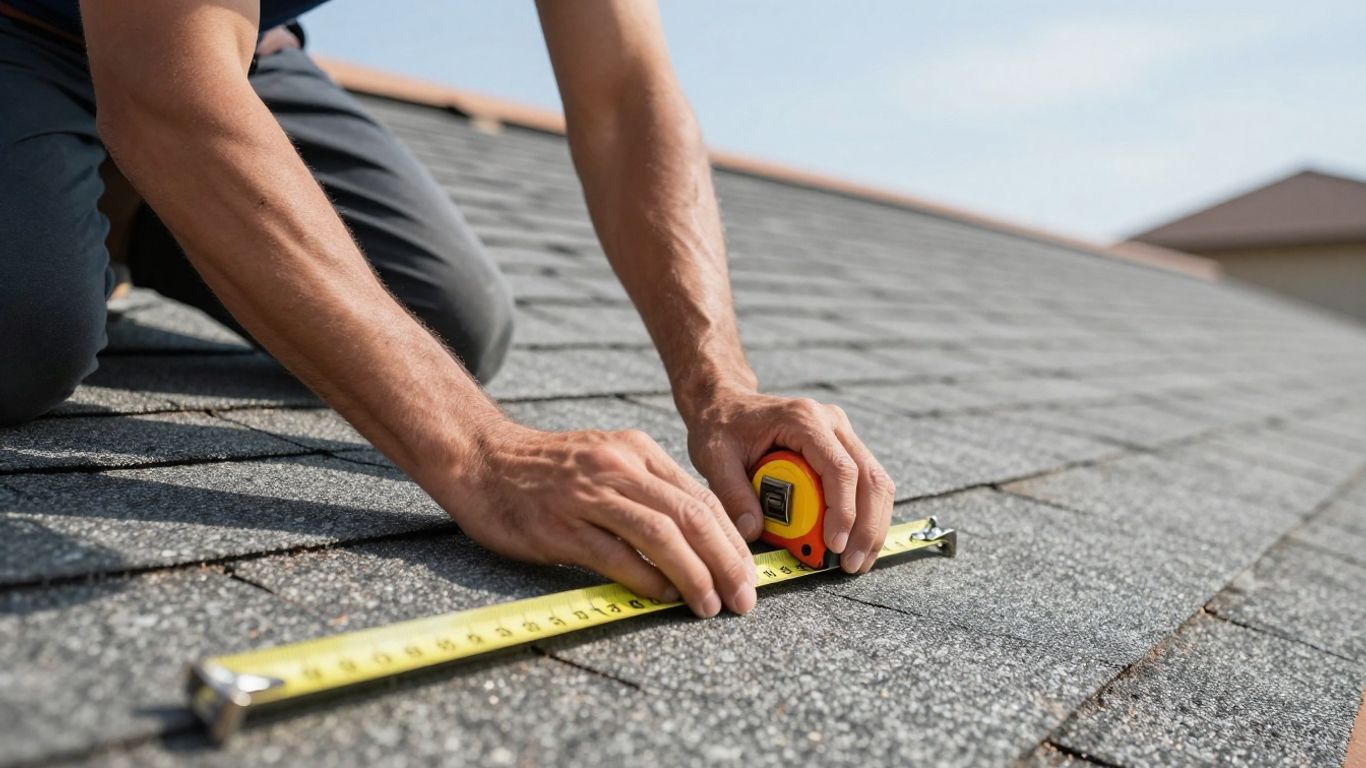 Roofer measuring shingles for a quote in Tulsa.