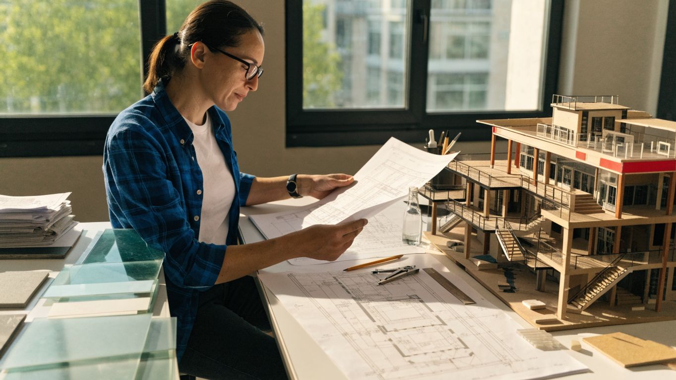 Engineer reviewing structural drawings beside model