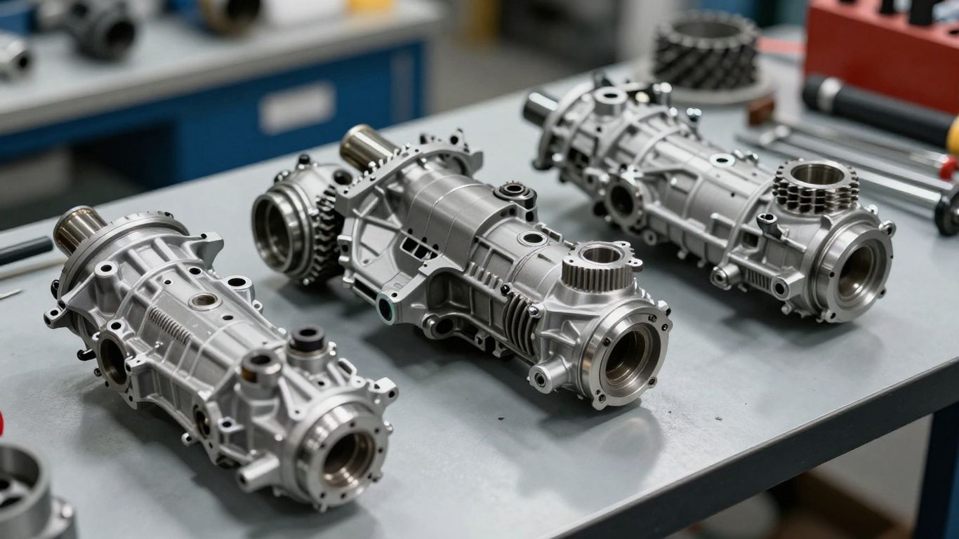 Mazda gearboxes on shelves in workshop setting