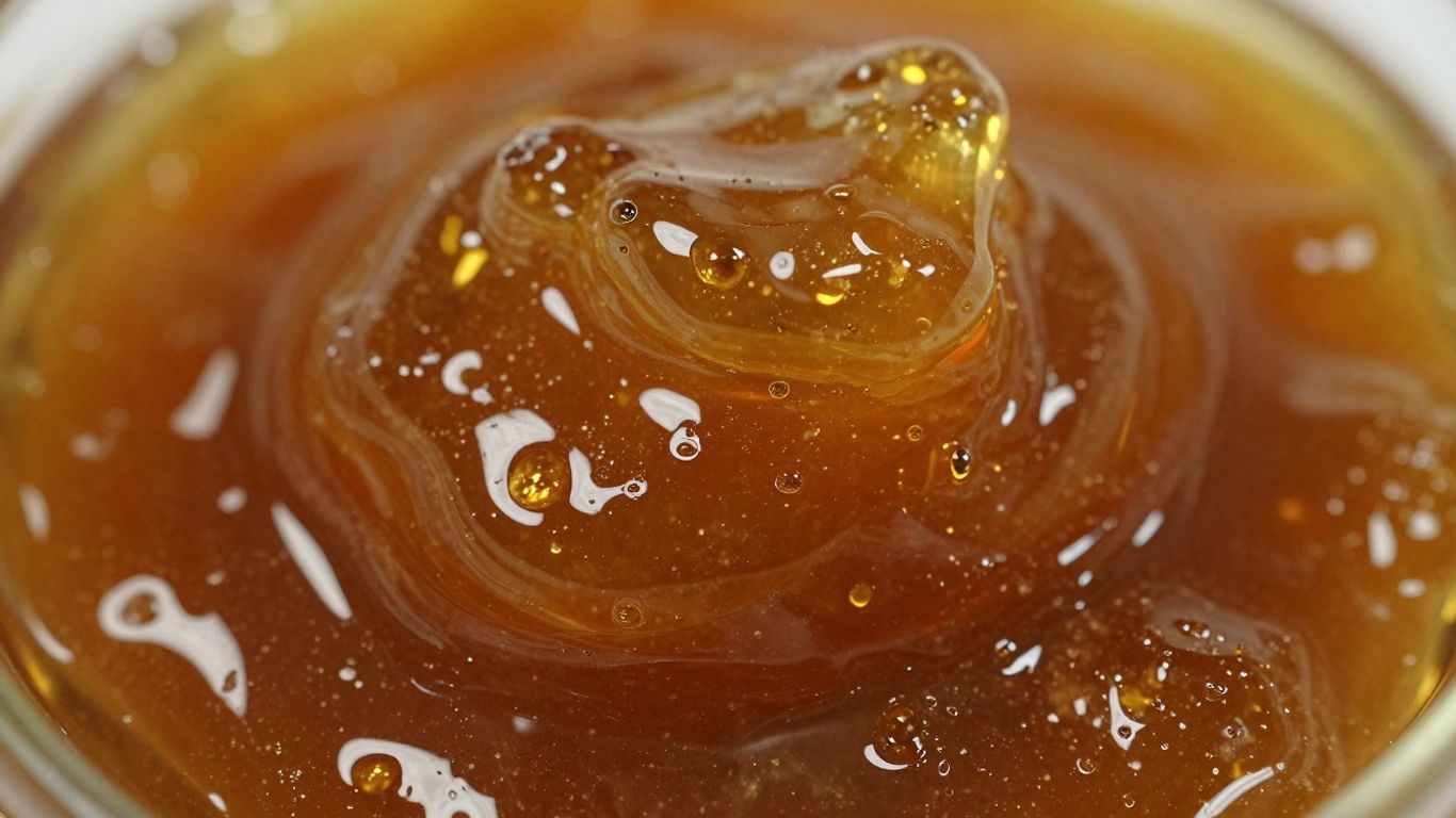 Sticky amber live resin concentrate glistening under light.
