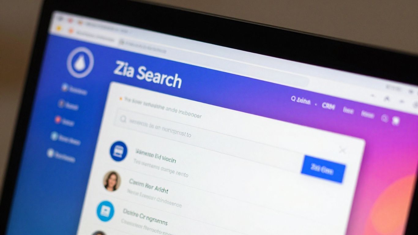 Zoho CRM Zia Search interface on a computer screen.