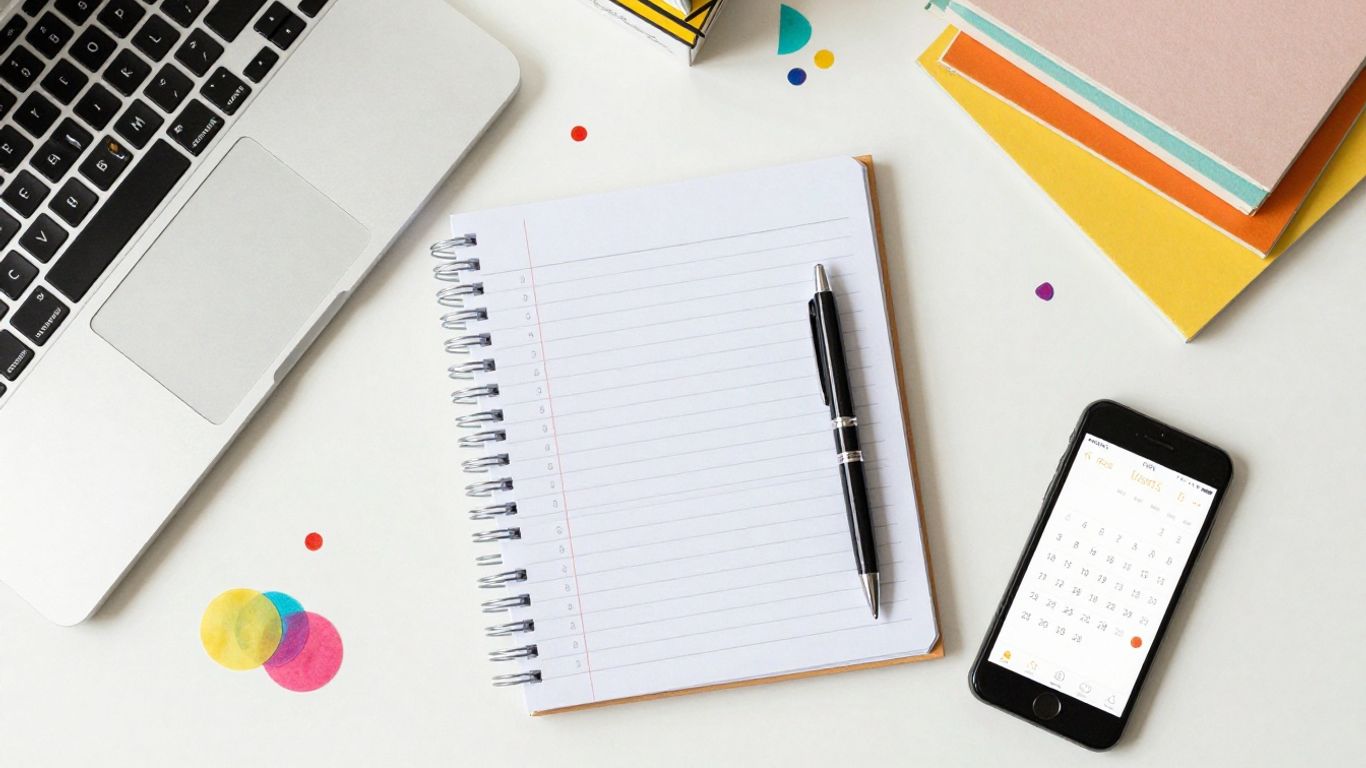 Event planning tools laid out on a table.