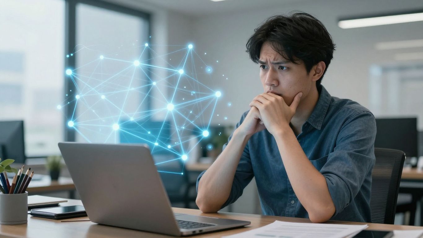 Small business owner facing digital AI threats.