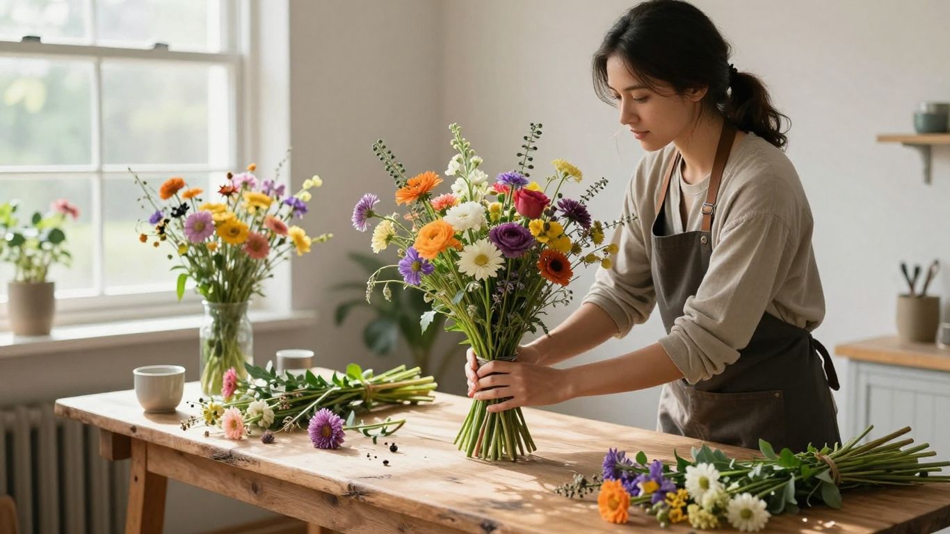 A professional florist arranging native Australian wildflowers in a studio
