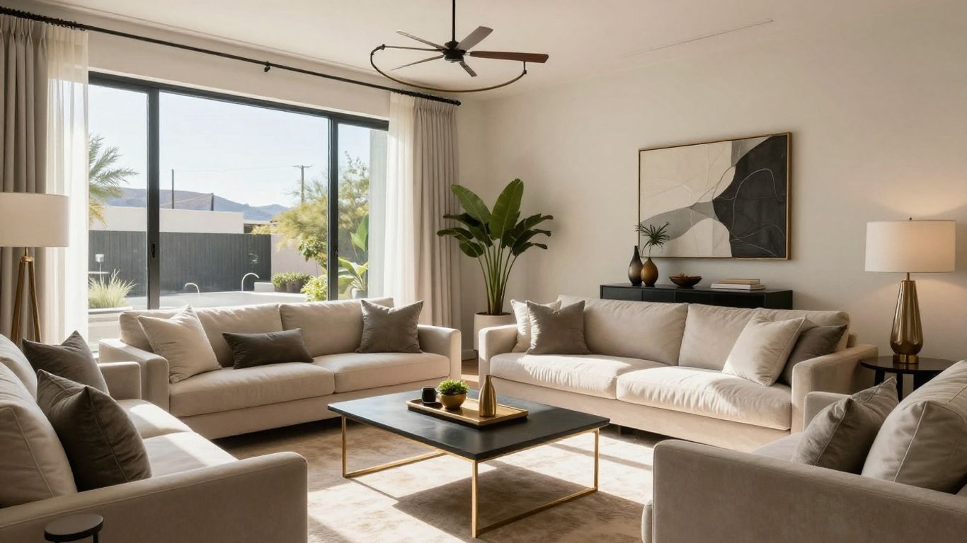 Luxury Scottsdale Airbnb interior with modern furnishings and sunlight.