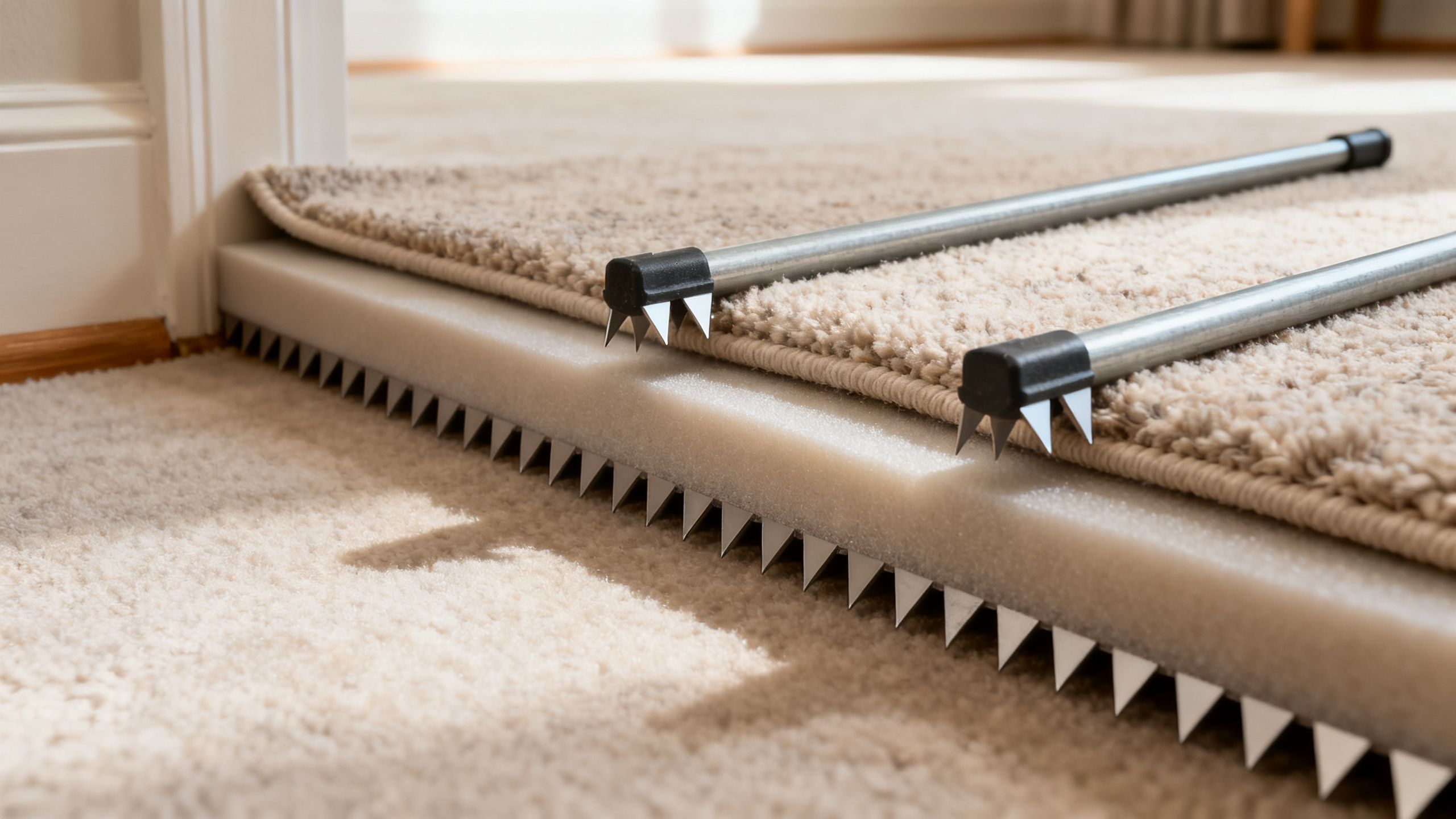 Carpet underlay and gripper rods prepared along the edge of a room before carpet fitting