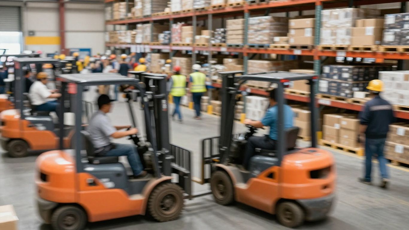 Blurred warehouse operations with workers and forklifts.