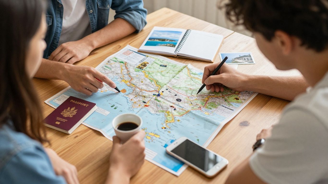 Couple planning an affordable coastal getaway