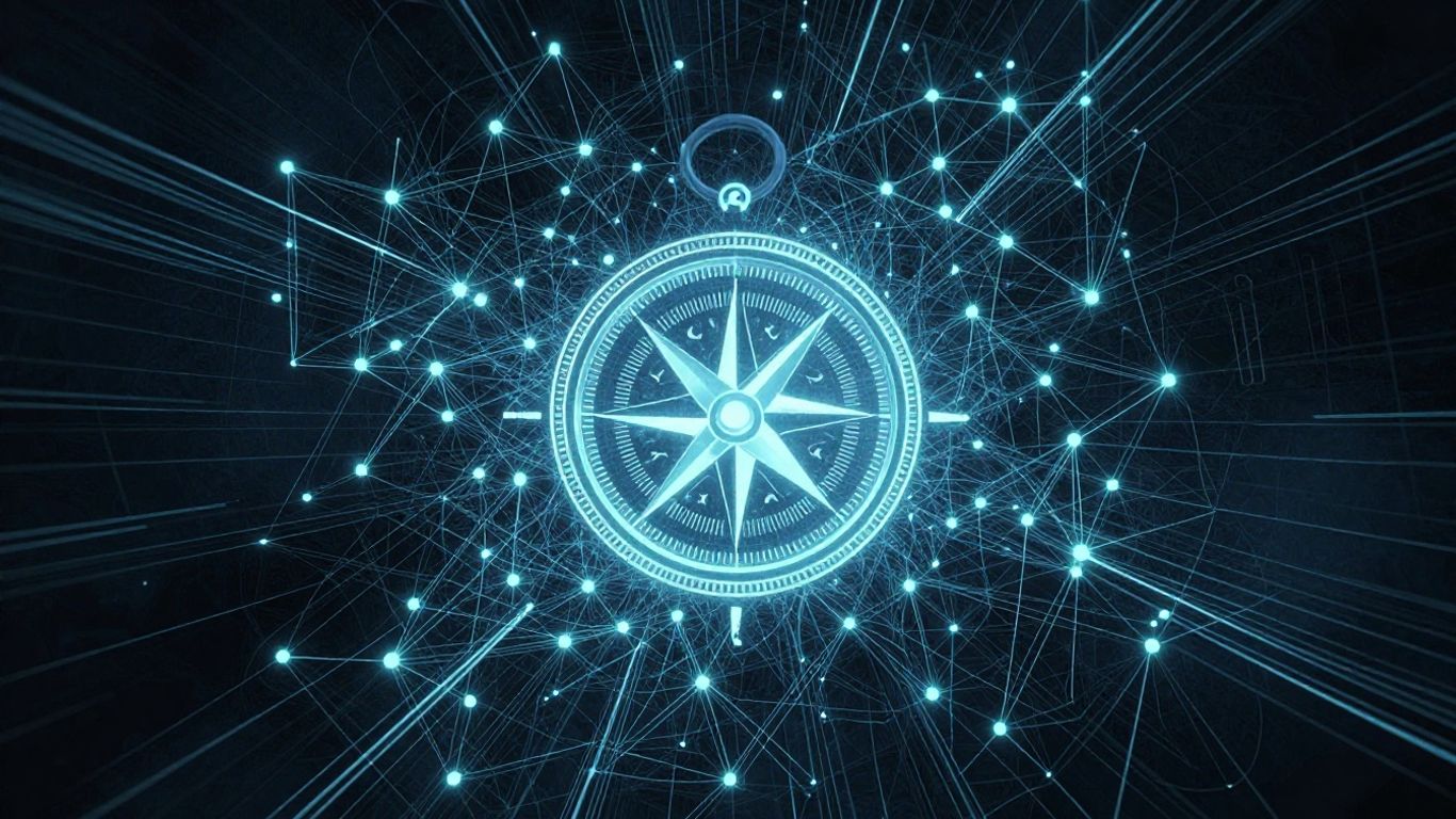 Digital compass navigating a complex network of glowing lines.