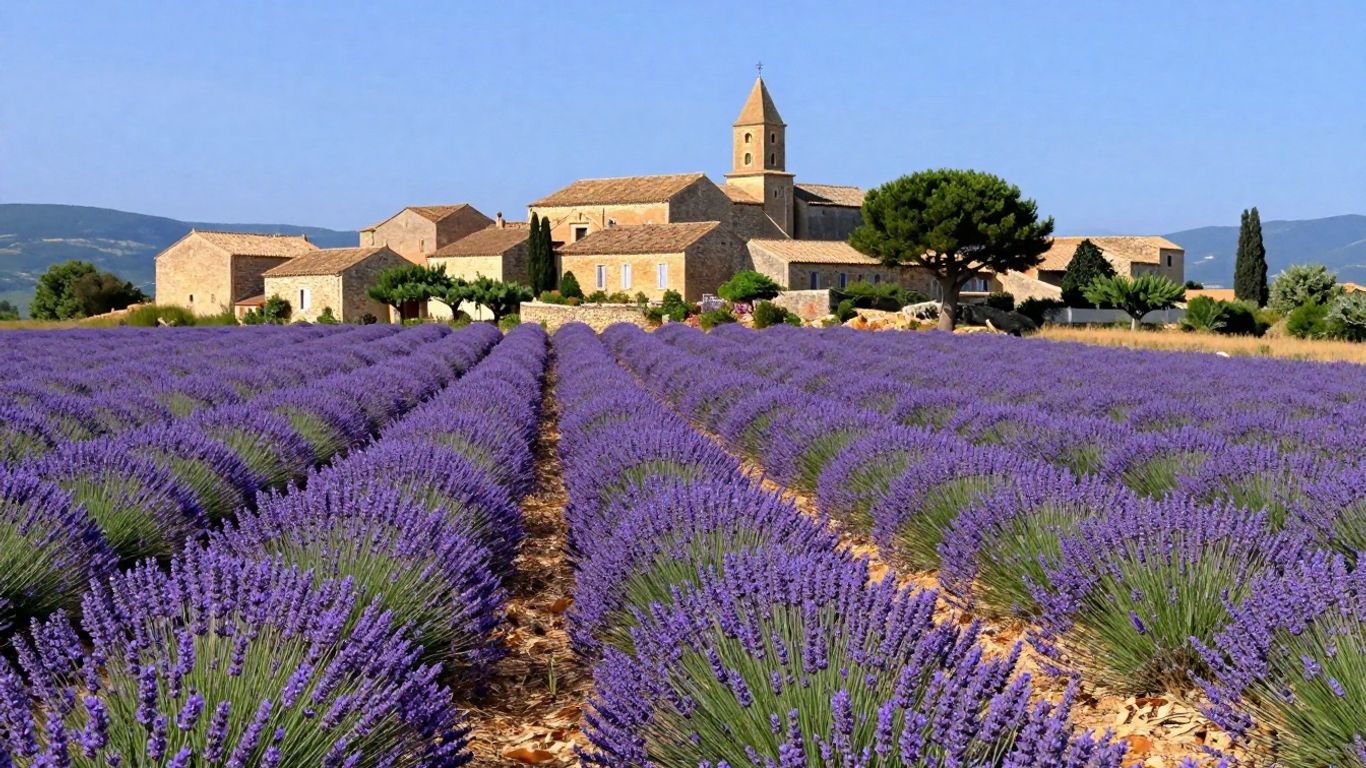 Luberon village surrounded by lavender fields in Provence.