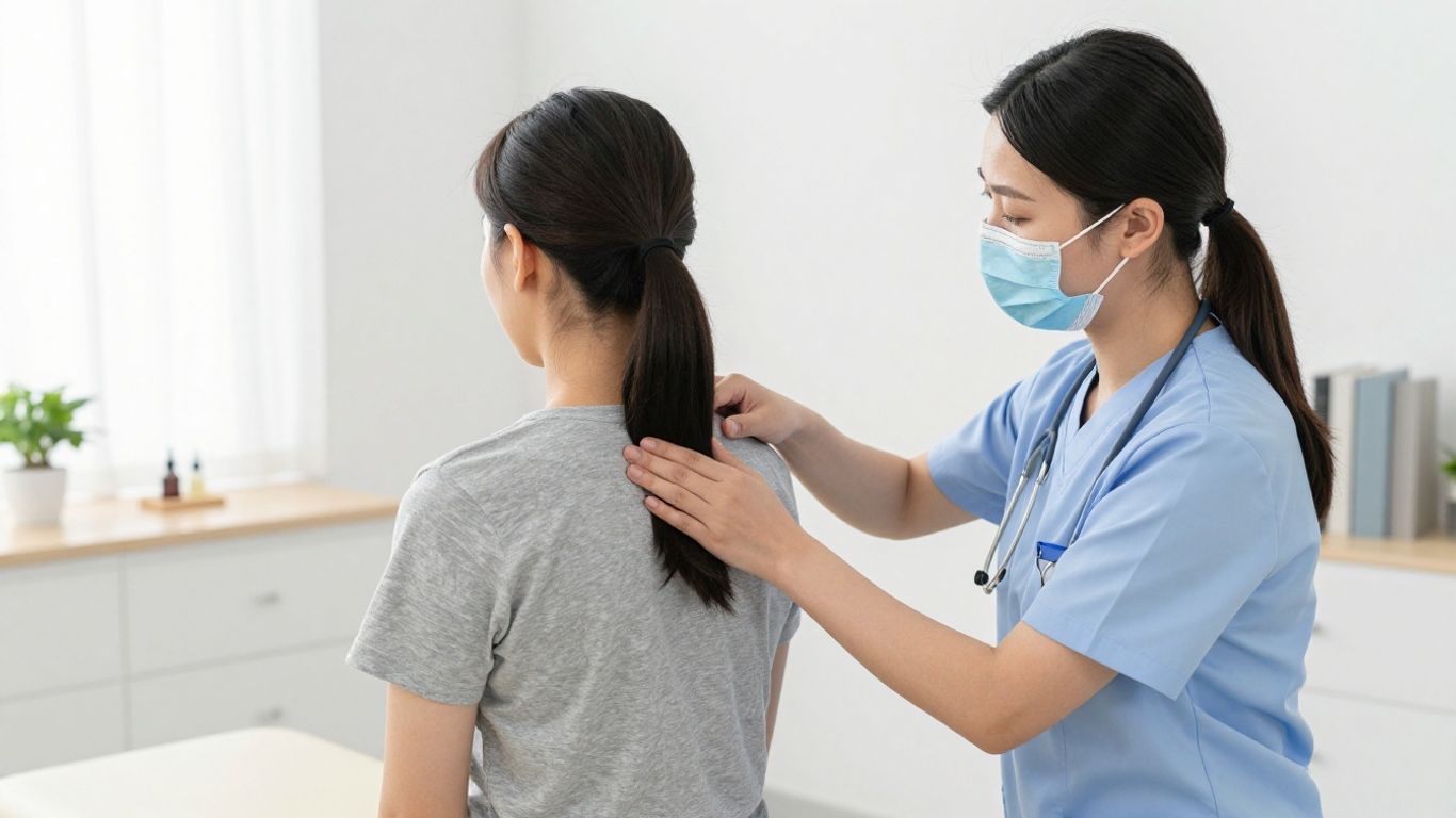 Chiropractor examining patient's back in a clinic.