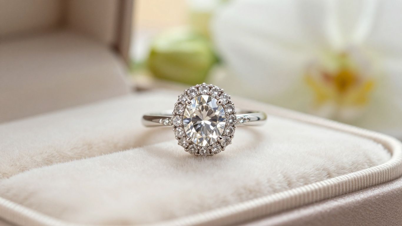 Round halo engagement ring on velvet display