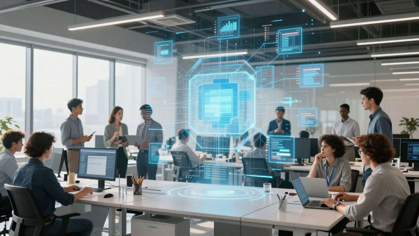 Team collaborating on blockchain technology with holographic display.