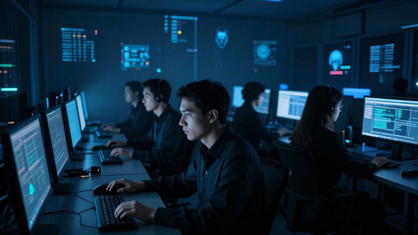 Security analysts monitoring servers in a dark room.