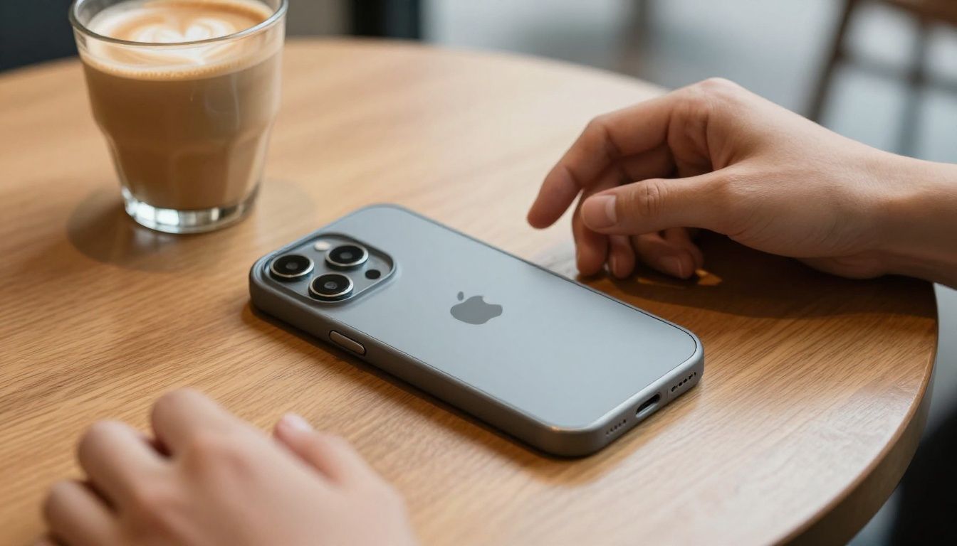 A person in a cafe placing their iPhone 15 Pro, housed in a sleek case, on a wooden table next to a coffee cup.