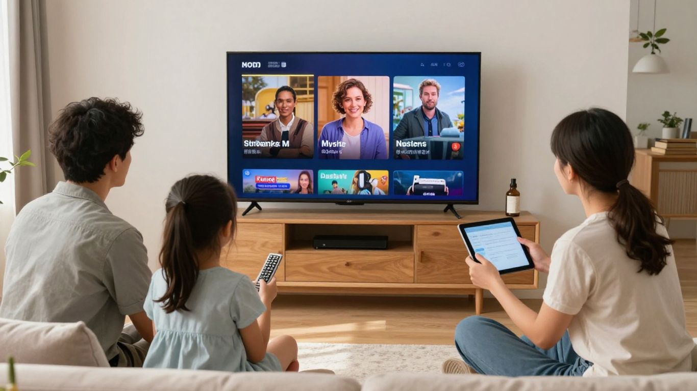 Family choosing streaming content in a modern living room
