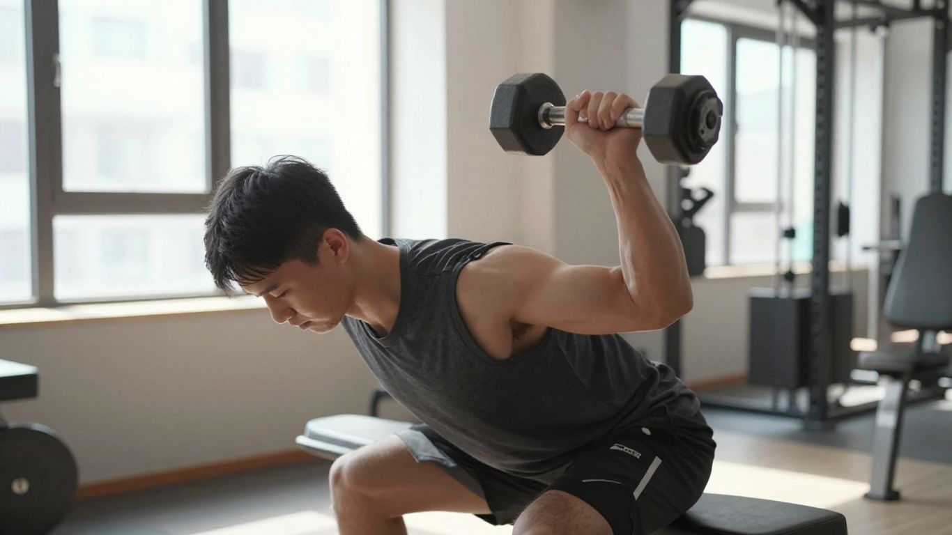 Beginner doing a dumbbell bicep curl in a gym.
