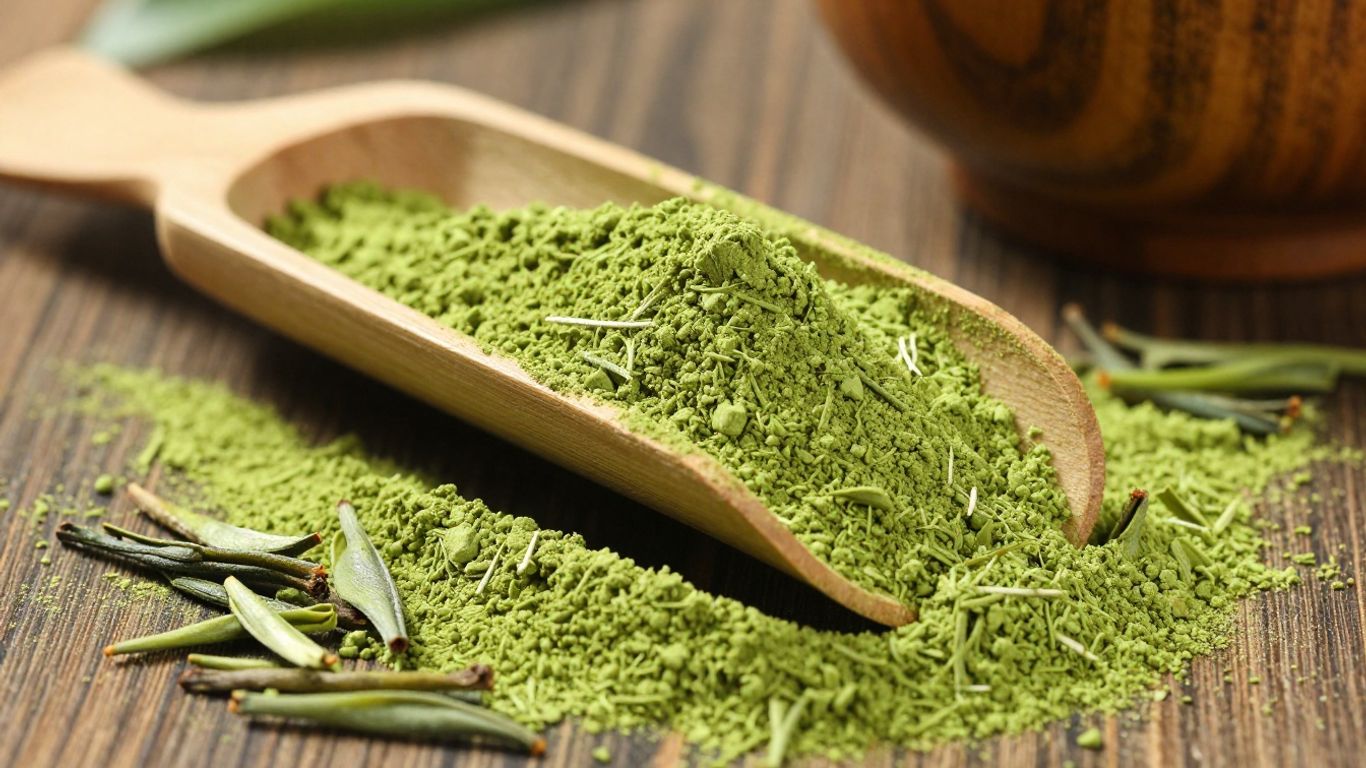 Vibrant green matcha powder in a bamboo scoop.