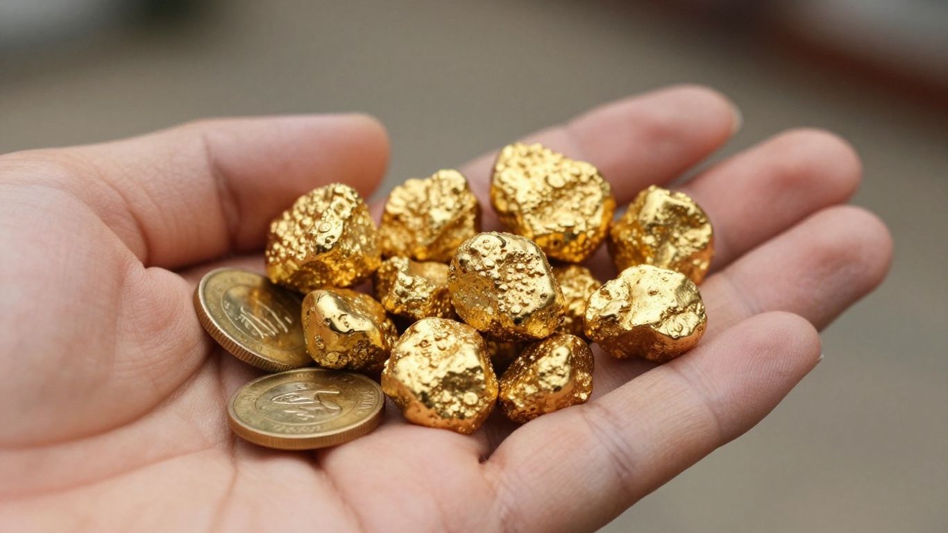 一只金色的手，手中握着金块和金币。
