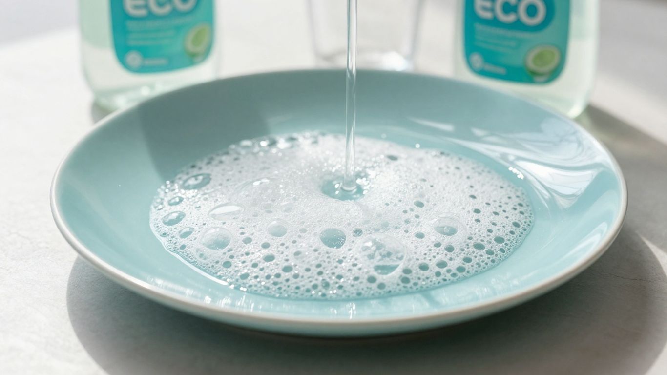 Sparkling clean dishes next to eco dishwashing liquid bottle.