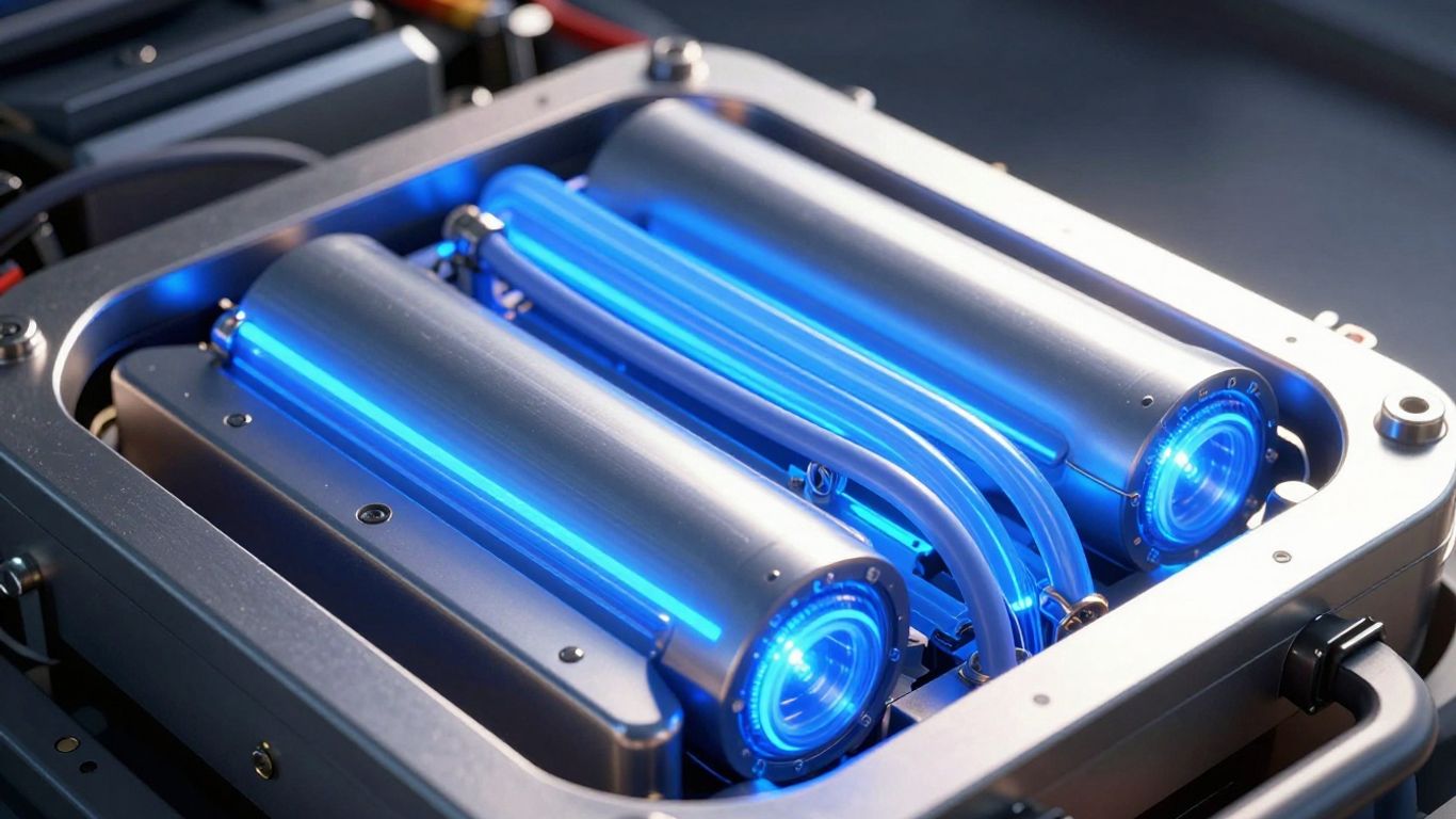 Batterie de voiture électrique avec conduits d'énergie bleus.